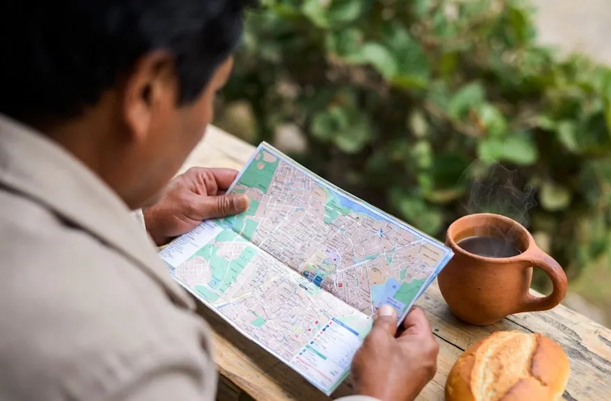 Man drinking coca tea with a map